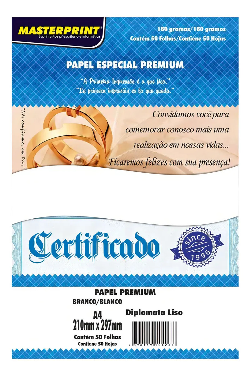 Papel Diplomata Masterprint A4 Branco 180g 50 Folhas Liso Impressão
