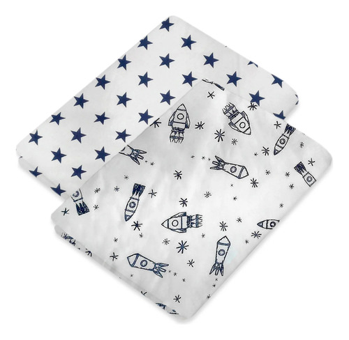 Set De 2 Sábanas De Cajón Para Colecho/corral (74x110) Azul Marino Cohetes/estrellas
