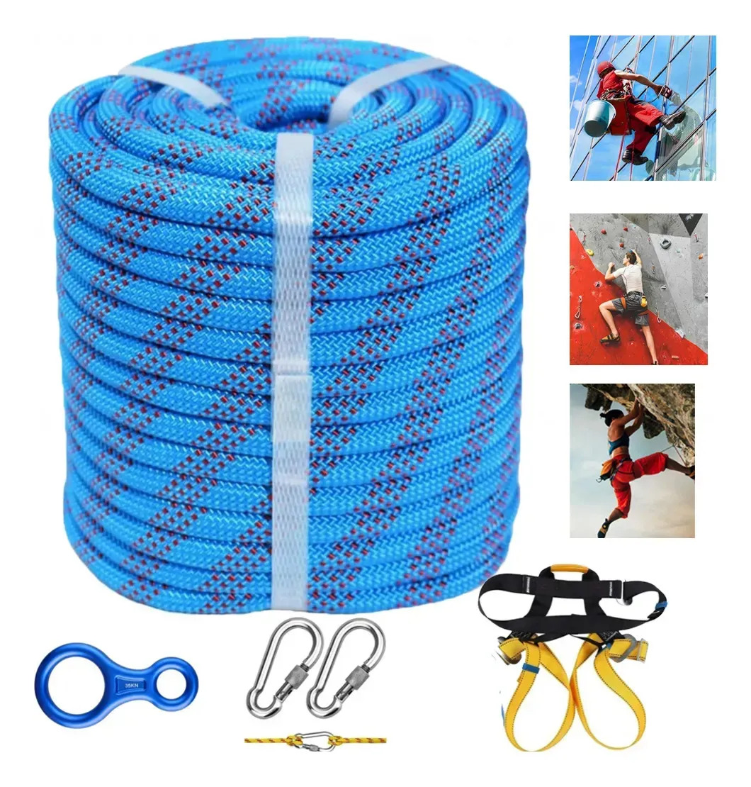 Cuerda Estática para Escalada y Rescate, Kit Completo de 100 m con Mosquetones y Descensor