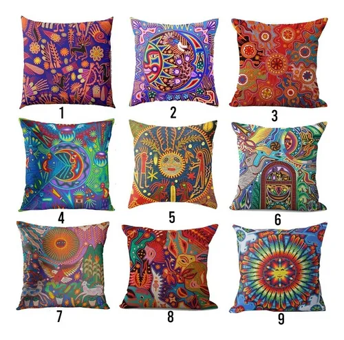 V Juego 7 Fundas Arte Huichol Mexicano Cojín Lino Premium