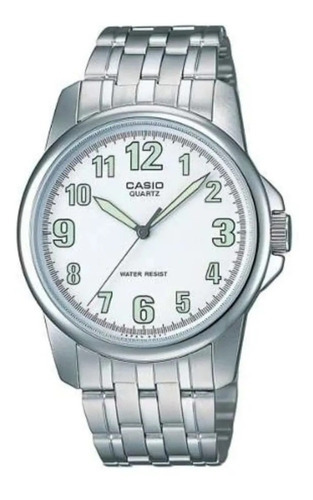 Reloj Casio Mtp-1216a-7bdf Con Detalles En Verde. Color de la malla Plateado Color del bisel Plateado Color del fondo Blanco