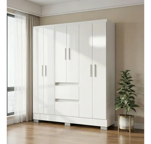Roupeiro Nápoles Poquema Branco Com 6 Portas e 2 Gavetas