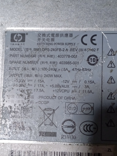 Fuente Hp Compaq Dx7300 Dc7700 Sff Dps-240fb-2 A 403778-001 (Reacondicionado)