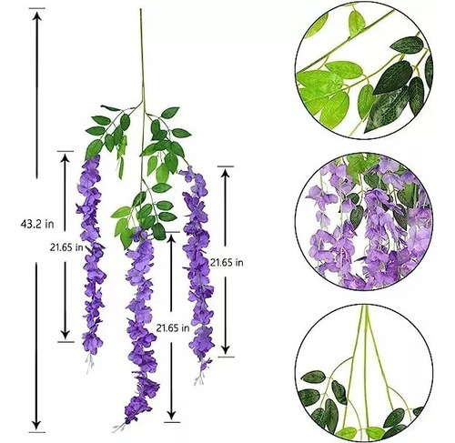 24pzs Flores Artificial Wisteria Decoración Fiesta Boda 1.1m Lila