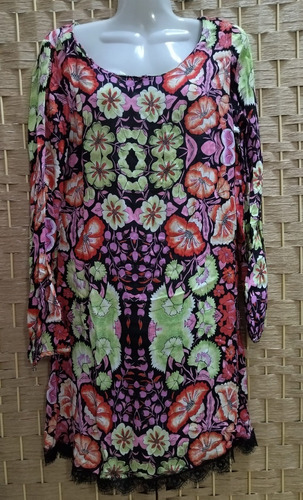 Vestido Floreado Daniel Cassin Rayon Ruedo En Encaje Negro