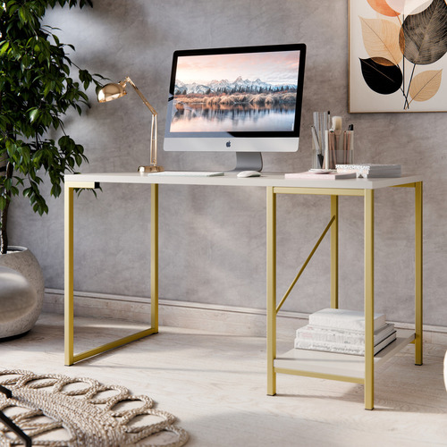 Mesa Escrivaninha Para Home Office E Escritório Estilo Industrial Com Prateleiras Cor Dourado Off Maxi Brasil