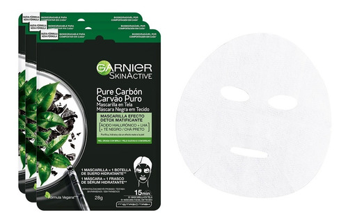 Imagen 5 de 5 de Kit Garnier 3 Pack Mascarilla Facial En Tela Pure Carbón