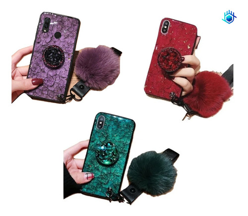 Imagen 1 de 10 de Funda Compatible Con Moto Marmol Pompon Correa Colgante Dama