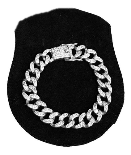 Conjunto Cordão Corrente Pulseira Prata 13mm Cravejada 70cm