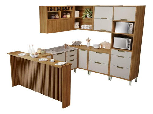 Cozinha Completa Mdf 9 Pç Nesher Imperatriz Marrom Off White