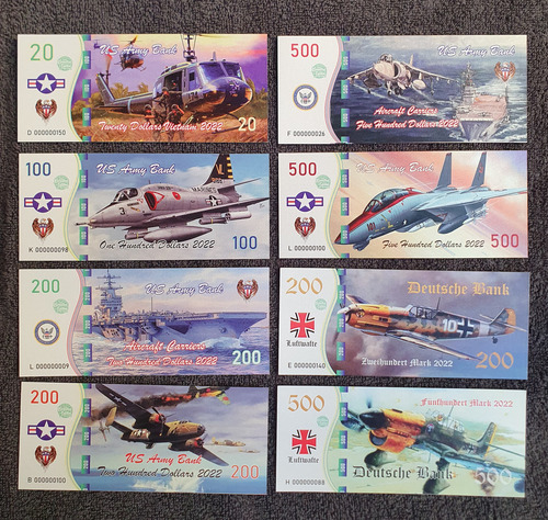 8 Billetes Coleccion Serie Aviones Guerra Fantasy Banknotes