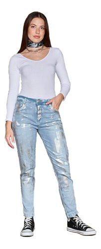 Jean Mom Metalizado Con Rotura Elastizado Cenitho Jean