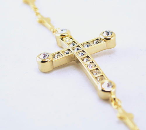 Pulseira Feminina Metal Strass Crucifixo 