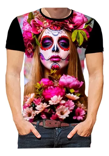 Camiseta Preta Masculina Caveira Mexicana Catrina Diamante