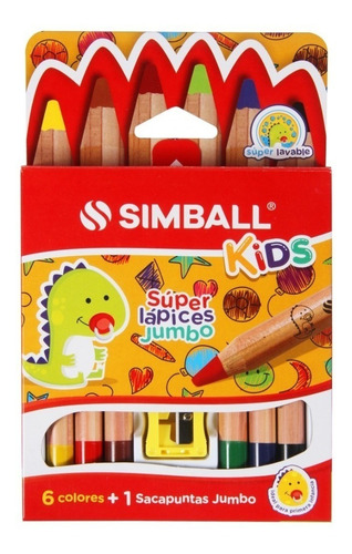 Súper Lápices Jumbo X 6 Colores + Sacapuntas Simball Kids