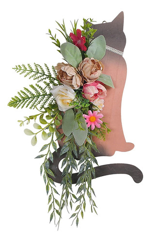 Cartel De Madera Para Puerta De Gato, Corona De Flores