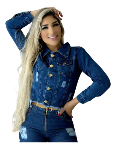 Jaqueta Jeans Feminina Azul Escuro Modelo Desfiado