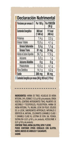 Imagen 3 de 4 de Galletas Avena Quaker Vainilla Sin Azucar 240 Gr