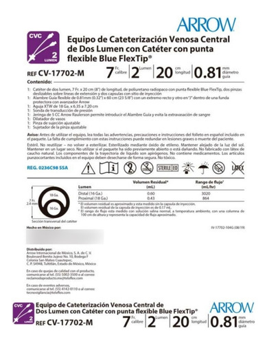 Catéter Venoso Central 7fr X20cm 2 Lumen Arrow Pack 10 Pz