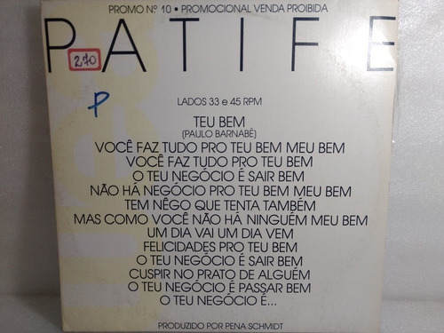 Patife Band Single Mix 1987  33/45 Rpm  Promocional Zerado