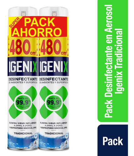 Imagen 1 de 2 de Pack Desinfectante Aerosol Igenix 2x480 Cc
