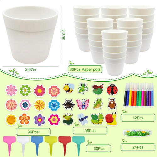 Kit De 30 Macetas Papel Jardín Con 216 Calcomanías Adhesivas