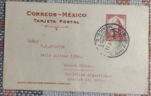 Tarjeta Entero Postal De México Año 1935 