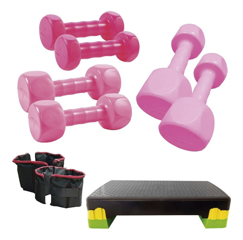 Kit Sport Maniac Step Módulos, Pesas Rosas, Tobilleras 4kg