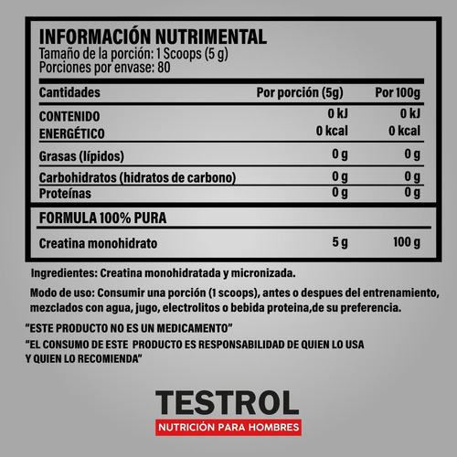 Creatina Monohidrato Essential Testrol 80 Servicios. Sabor Sin sabor