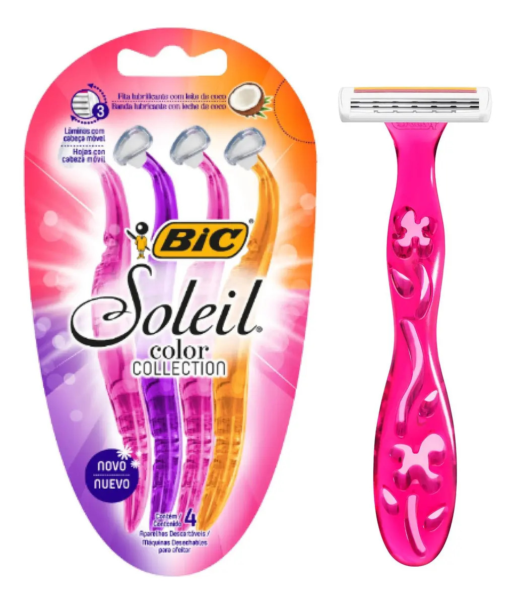 Máquinas de Afeitar Descartables Afeitadoras Rastrillos Desechables Femenina 3 Hojas Bic Soleil Color Collection 4 Piezas