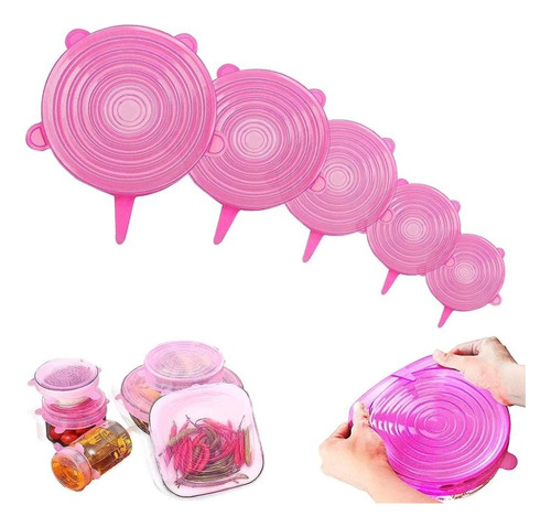 6 Tapa Silicon Flexible Ajustable Antiderrame Reusable Color Rosa