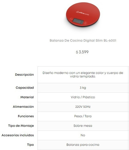 Imagen 3 de 4 de Balanza De Cocina Ultracomb Bl-6001 Led 3kg Devidrio Rivafer