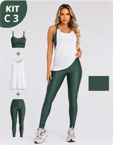 Kit 3 Peça Fitness Roupa Academia Legging + Cropped + Regata Verde Militar M