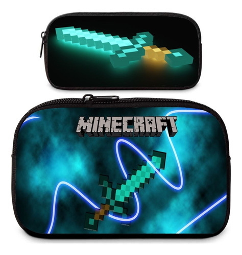 Kit 2 Estojos Box Grande E Simples Minecraft Escolar