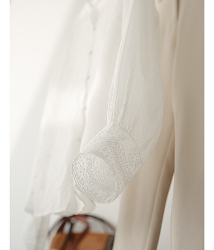 Camisa Francesa Flores Bordadas Encaje Mujer Blusa Cuello V