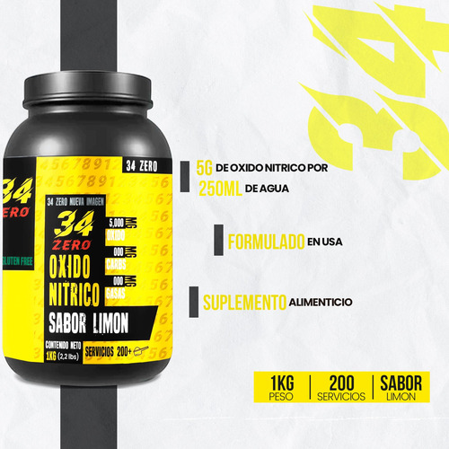 Óxido Nítrico Pre Entreno 34 Zero 1kg 200 Servicios Sabores Limón