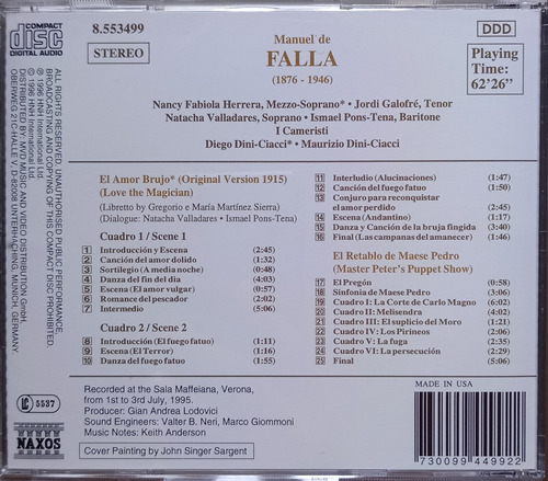 Cd De Falla El Amor Brujo & El Retablo De Maese Pedro (Usado)