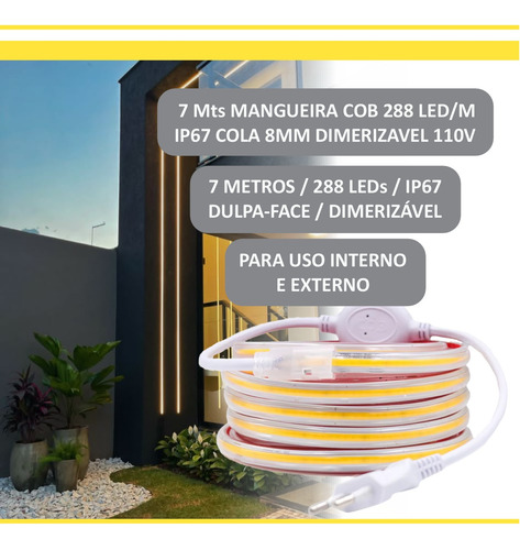 08mts Mangueira Fita Led Cob 2835 Ip67 Cola 8mm Dimmerizavel