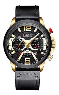 Reloj de pulsera Curren 8329 de cuerpo color oro, analógico, para hombre, fondo negro, con correa de cuero color negro, agujas color oro, rojo y blanco, dial oro y blanco, subesferas color negro, minu