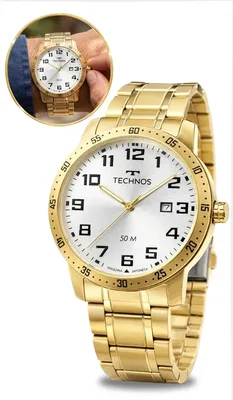 Relógio Technos Masculino Dourado Analógico Pova Dágua Aço Inoxidável Fundo Branco Casual Social