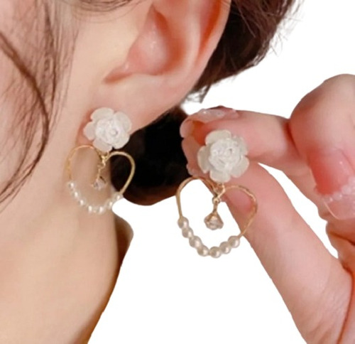 Pendientes Aretes Perlas De Camelia Forma Corazón Bodas