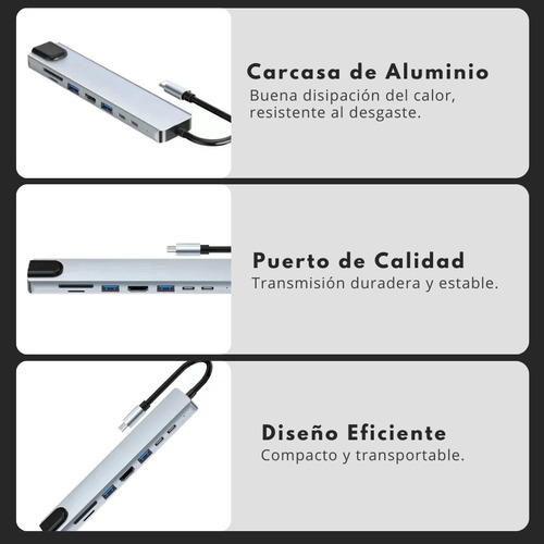 Adaptador Hub 8 En 1 Tipo C A Usb, Hdmi, Rj45, Pd, Tipo C