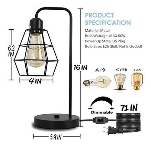 Lámpara De Mesa Industrial, Black Vintage Edison Desk Light