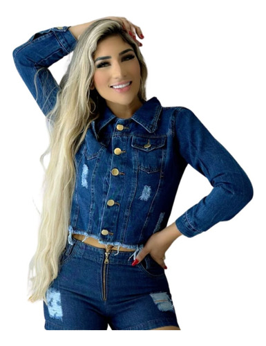 Jaqueta Jeans Feminina Cropped Destroyed Lavagem Escura
