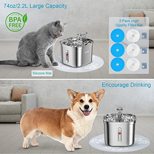 Fuente De Agua Gatos De Acero Inoxidable, 74 Oz/2.2 L, ...