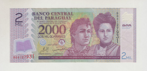 Billete Paraguay 2000 Guaranies 2009 Polímero Usado (c85)