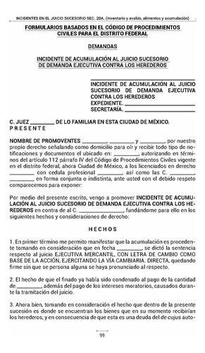 Incidentes En El Juicio Sucesorio Sección Segunda (inventario Y Avalúo, Alimentos Y Acumulación)