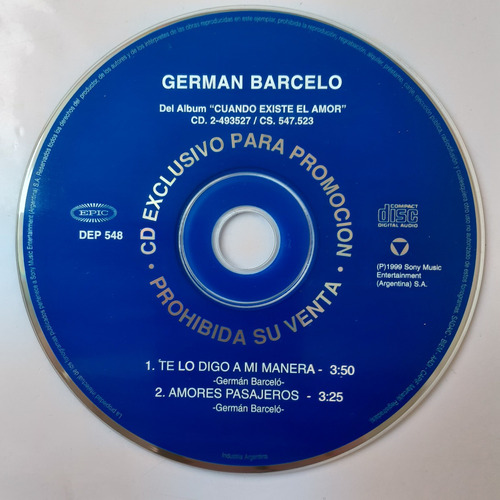 Cd Original Promo - German Barcelo (te Lo Digo A Mi Manera.)