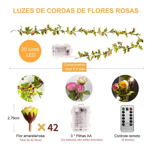 Cadena De Luz Decorativa Led Flor Rosa 2m 20led Batería Rosa