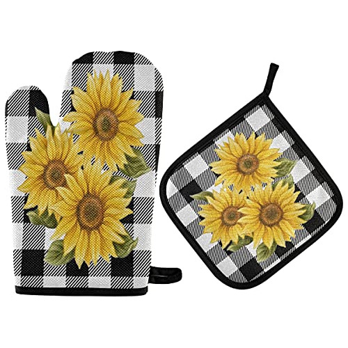 Sunflower Black White Buffalo Plaid Oven Mitts And Pot ...